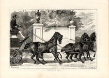 Stampa antica CARROZZA CON QUADRIGLIA DI CAVALLI NERI 1892 Old print horses