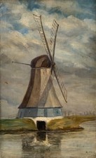 Quadro a Olio Maritim Mulino a Vento Am Mare Costa Autografato 75,5 X 47 CM