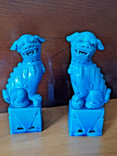 Coppia statuette di cani di Foo cinese in porcellana turchese vintage anni '60