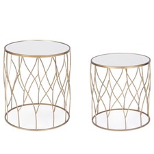 SET 2 TAVOLINI ROTONDI DIVANO SOGGIORNO IN VETRO E ACCIAIO ORO ANTICO ELENOR