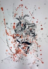 Disegno Su Carta Carboncino E Acquerello. Cuore In Frantumi. 30x22