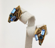 ORECCHINI CLIP ANNI '50/60 OTTONE FILIGRANA CON CRISTALLI AZZURRI