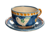Ceramica Solimene Vietri Tazza e Piattino Caffè Pollo Blu Italia Paese Francese