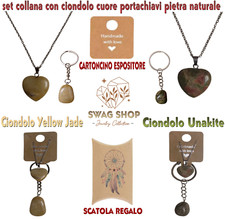 set collana con ciondolo cuore portachiavi pietra naturale etnico chakra parure