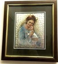 BELLISSIMO QUADRO LITOGRAFIA SU ALLUMINIO DONNA CON BAMBINO CORNICE IN LEGNO