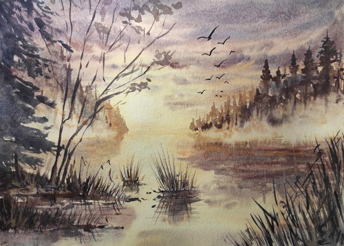 Paesaggio nebbioso uccellini - paesaggio,