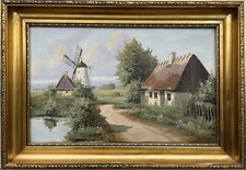 Impressionista Soleggiato Italiano Fattoria Mulino a Vento Lago Dipinto a Olio