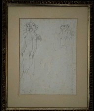 Disegno a matita su carta antica vergellata con filigrana centrale a 3 gigli