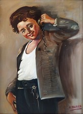 Ritratto di ragazzo di strada napoletano antico dipinto ad olio originale firmato