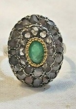 Anello  d'Epoca in Oro, Argento con Smeraldo e Diamanti naturali