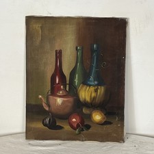 Dipinto Olio Su Tela Raffigurante Bottiglie Frutta