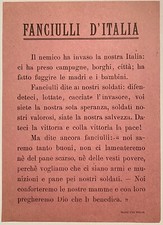 FANCIULLI D’ITALIA IL NEMICO HA INVASO LA NOSTRA ITALIA VOLANTINO 1a G.M. 1915