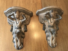 Coppia Applique Mensola Parete Vintage Gesso Corbel Archeogoly Figura Turbante 12" Esco