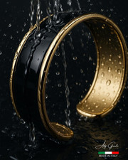 Bracciale rigido alla schiava Unisex in Bronzo Dorato | Smalto Nero Lucido