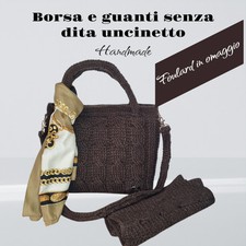 Borsa Donna Marrone In Lana Uncinetto Handmade Nuova + Guanti + Omaggio Foulard