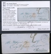 1861 ITALIA TARIFFE PER L'INTERNO BUSTA NON AFFRANCATA CERTIFICATO  F/4919