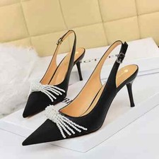 Decolte scarpe donna nero perle comodo 8 cm cinturino pelle sintetica 93379