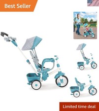 Triciclo per bambini 4 in 1 Teal: sedile regolabile, protezione solare e conservazione genitori