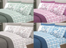 Completo Lenzuola Linea Pensieri Delicati 100% Cotone Disegno Orsetto Tartan Pri