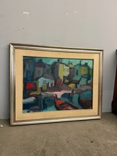 Dipinto materico paesaggio case moderno anni '60, 80x60cm