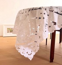 Tovaglia Tavola Lino Bianco Ricamo Floreale Ad Intaglio ‘900