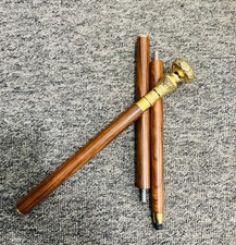 Bastone da passeggio manico testa massello ottone canna legno vintage design antico regalo