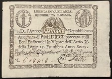 10 PAOLI 1798 ASSEGNATO REPUBBLICA ROMANA BANCONOTA TIMBRO ROTONDO