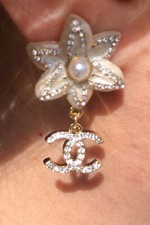 CHANEL Authentic Camellia Crystal Earrings CC Logo Pendant  Gold-Silver tone