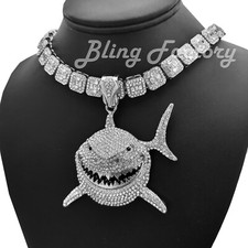 Grande ciondolo squalo 6ix9ine e collana catena girocollo 16" 18" pieno ghiaccio