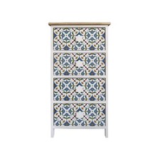 Rebecca Mobili Cassettiera 4 Cassetti Maioliche Legno Chiaro Bianco Blu 76x40x30