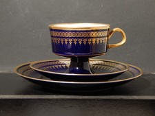 VINTAGE STILE IMPERO PREZIOSO TRIO TAZZA TE' PORCELLANA TEDESCA BLU COBALTO ORO