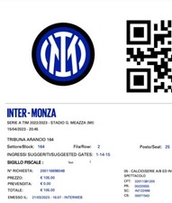 Inter Monza - 2 biglietti stadio San Siro - Aprile 15 - Tribuna arancio 164