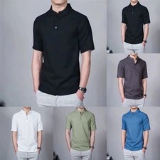 Camicia uomo moda tempo libero top estivo tinta unita collo alto manica corta