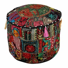 Pouf indiano fatto a mano nero vintage copri pouf ottomano patchwork ricamato sgabello