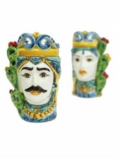 Coppia teste di moro piccola con fichi d'india in ceramica di Caltagirone 15 cm