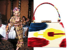 Borsa a mano John Galliano vintage archivio primavera 1998 stampa Ikat chiusura cornice rara