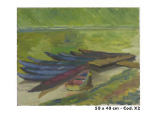 QUADRO AD OLIO FIRMATO BERT PITTORE PIEMONTESE ANNI '60 BARCHE PESCATORI X2