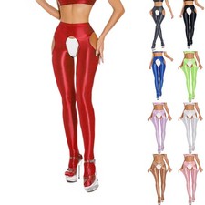 Pantaloni Yoga Sexy Skinny da Donna in Tessuto Trasparente Lucido con Cavallo Ap