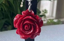 Collana ciondolo rosa intagliata vero corallo rosso GARANZIA argento 925 NUOVA