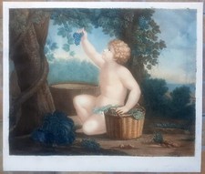 stampa antica bacco bambino uva vendemmia vino ampia acquaforte 1820