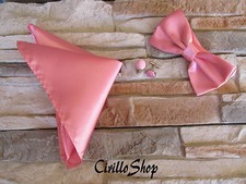 PAPILLON FAZZOLETTO GEMELLI ROSA ANTICO CRAVATTINO POCHETTE RASO SETA UOMO DONNA