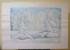 PAESAGGIO INVERNALE CON ALBERI INNEVATI QUADRO MODERNO ANNI OTTANTA P33.1