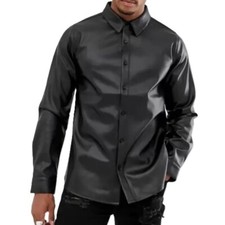 Camicia uomo nera pelle di agnello liscia collo largo maniche lunghe giacca c...