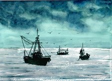 Barche da Pesca in Mare, Barche da Pesca Blu, Decorazione Barca da Pesca (firmato opaco)