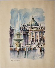 ANTICA LITOGRAFIA DI Fausto Battelli Metà XX secolo 1900 PIAZZA SAN PIETRO 38X31
