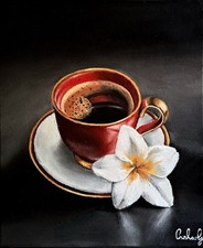 Mio Dipinto Di Una Tazza Di Caffè Con Fiore Bianco, Olio Su Tela 24x30cm
