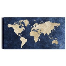 Mondo Blu - Quadro Mappamondo Vintage Stampa su Tela Soggiorno Camera 90x45