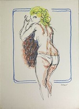 Alberto Sughi litografia pastellata a mano Figura Femminile di spalle 70x50 1974