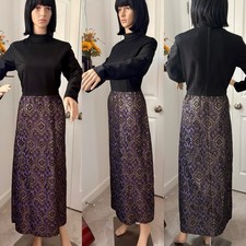 Abito maxi hostess vintage anni 70 broccato boho nero viola psichedelico M L
