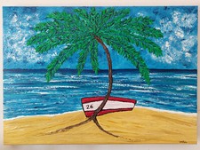 QUADRO MODERNO DIPINTO A MANO PAESAGGIO MARE PALME BARCA - 50x70x4cm  RIF160